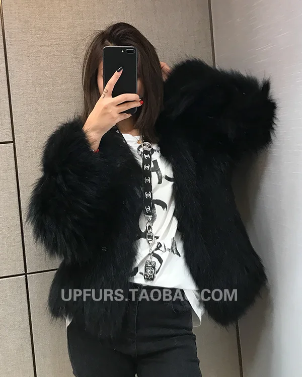 Импортное Тканое пальто из меха енота, женское короткое пальто из лисьего меха с длинным рукавом и круглым вырезом, Зимний стиль