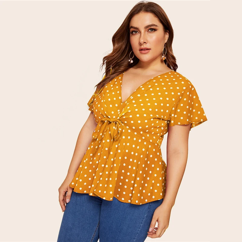 Dotfashion/женская блузка в горошек с узлом спереди; сезон лето ; Boho; глубокий v-образный вырез; одежда с короткими рукавами; женские модные топы