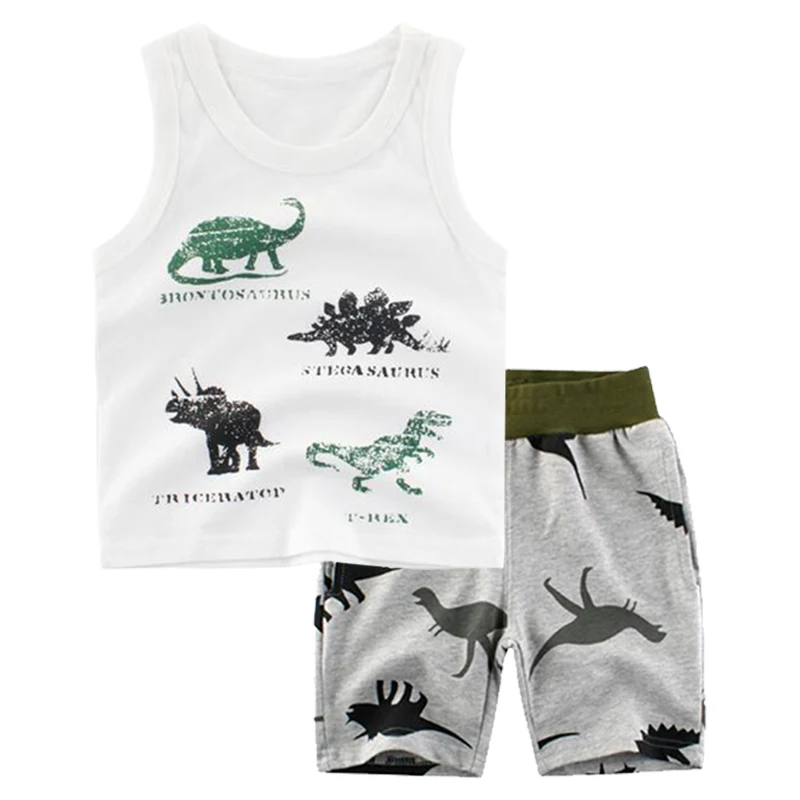 BINIDUCKLING Fashion Summer Baby Children Boy Clothes Set Sleeveless Vest+Shorts Dinosaur Cartoon Toddler Kids Clothing Set - Цвет: Green Shorts