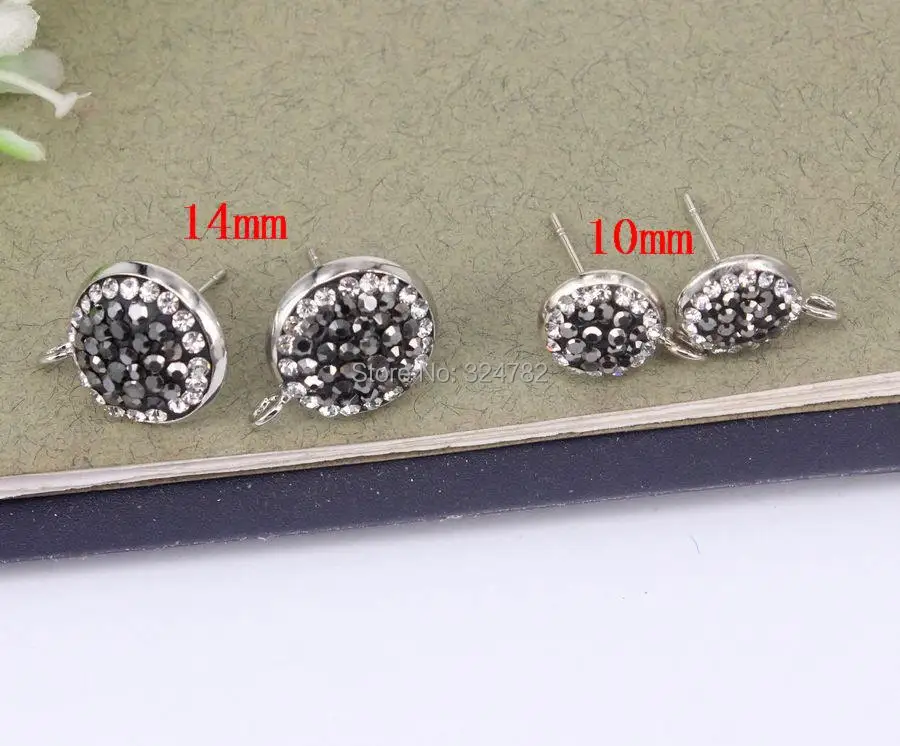 10Pairs Round Shape Stud Earrings 10 / 14mm Rhinestone Beads Metal Silver Post Earring with Loop | Украшения и аксессуары