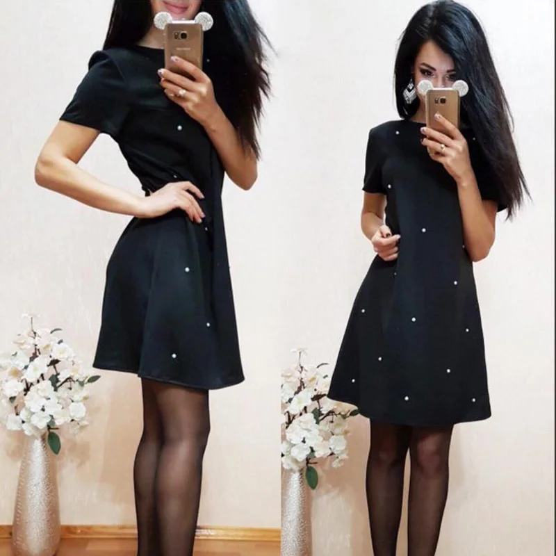 Черный Новое летнее женское сексуальное платье короткий рукав свободный круглый воротник украшения бисером повседневные Мини платья m99 - Цвет: Черный