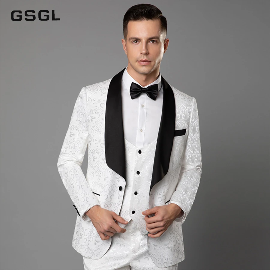 Mens Jacquard 3 Pieces Tuxedos Vintage Groomsmen Wedding Suit Complete Outfits(Jackets+Vest+Trousers) Prom Formal Tuxedo Suit