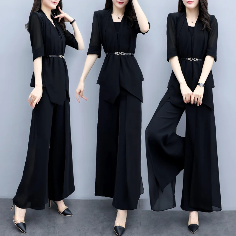 

Fashion Black 2 Piece Set Women Office Lady Top&pants Set Ensemble Femme Deux Pieces Split Palazzo Pants Suit Elegant Woman Suit