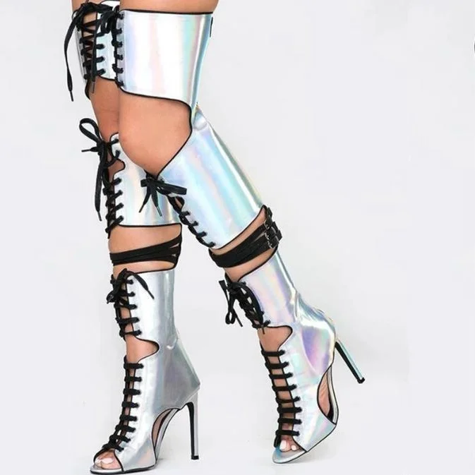 

New Arrivals Multicolor Laser Leather Over The Knee Thigh High Boots Peep Toe Cut-out Lace-up Gladiator Belt Runway Booties