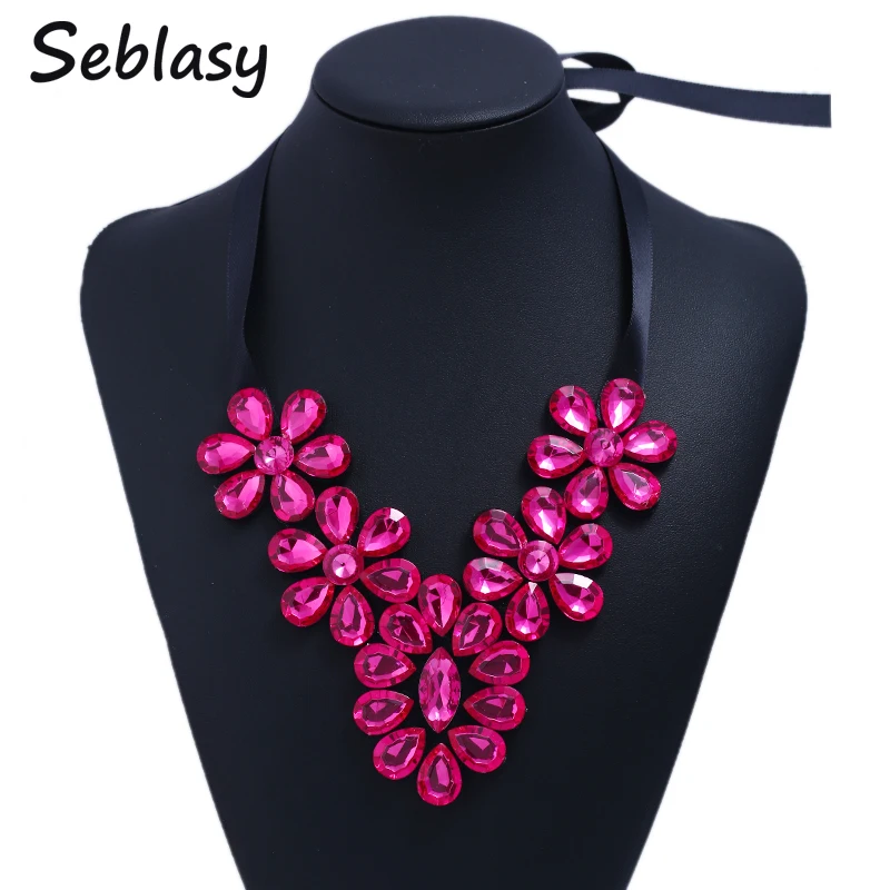 

Seblasy Maxi Black Rope Chain Big Statement Rhinestone Flowers Choker Necklaces Pendants for Women Simple Style Jewelry Bijoux