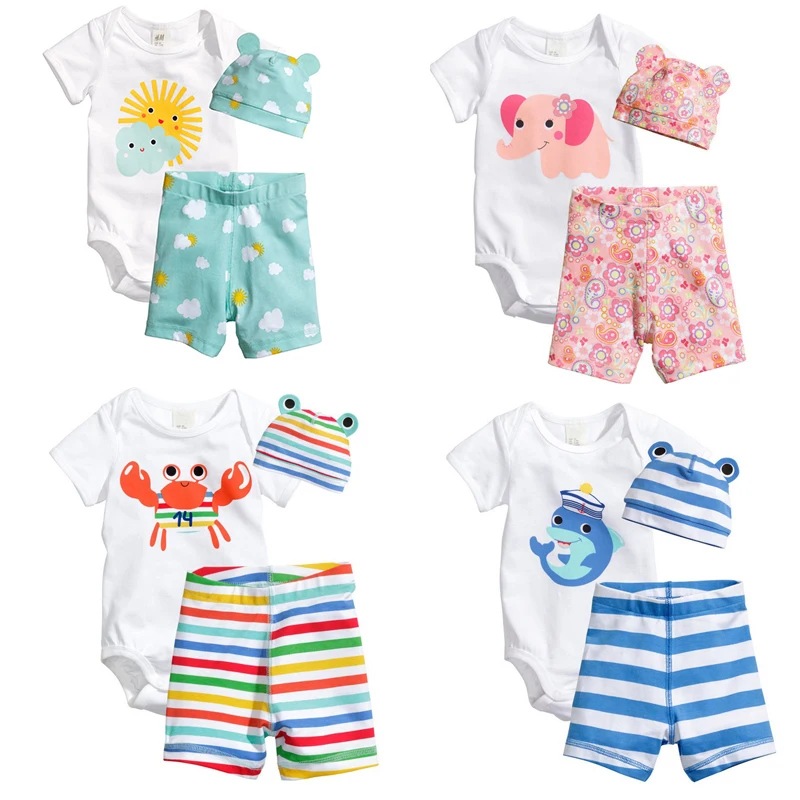 Newborn Baby Boy Girls Sets Infant Summer Casual Clothing Bodysuits+Shorts+Hat 3 Piece Suit Toddler 8 Style Cotton Costumes | Детская