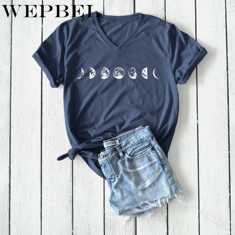 WEPBEL летняя модная футболка с принтом фаз Луны, Женская Повседневная футболка с коротким рукавом и v-образным вырезом