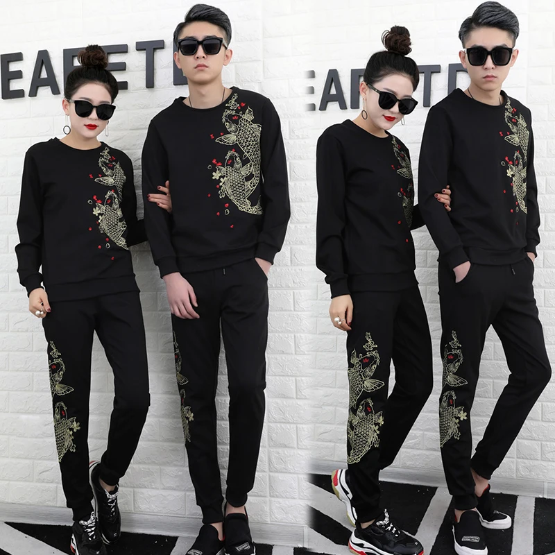 Spring and Autumn large size new fashion trend round collar long sleeve two-piece couple black embroidery Sweatshirts suit