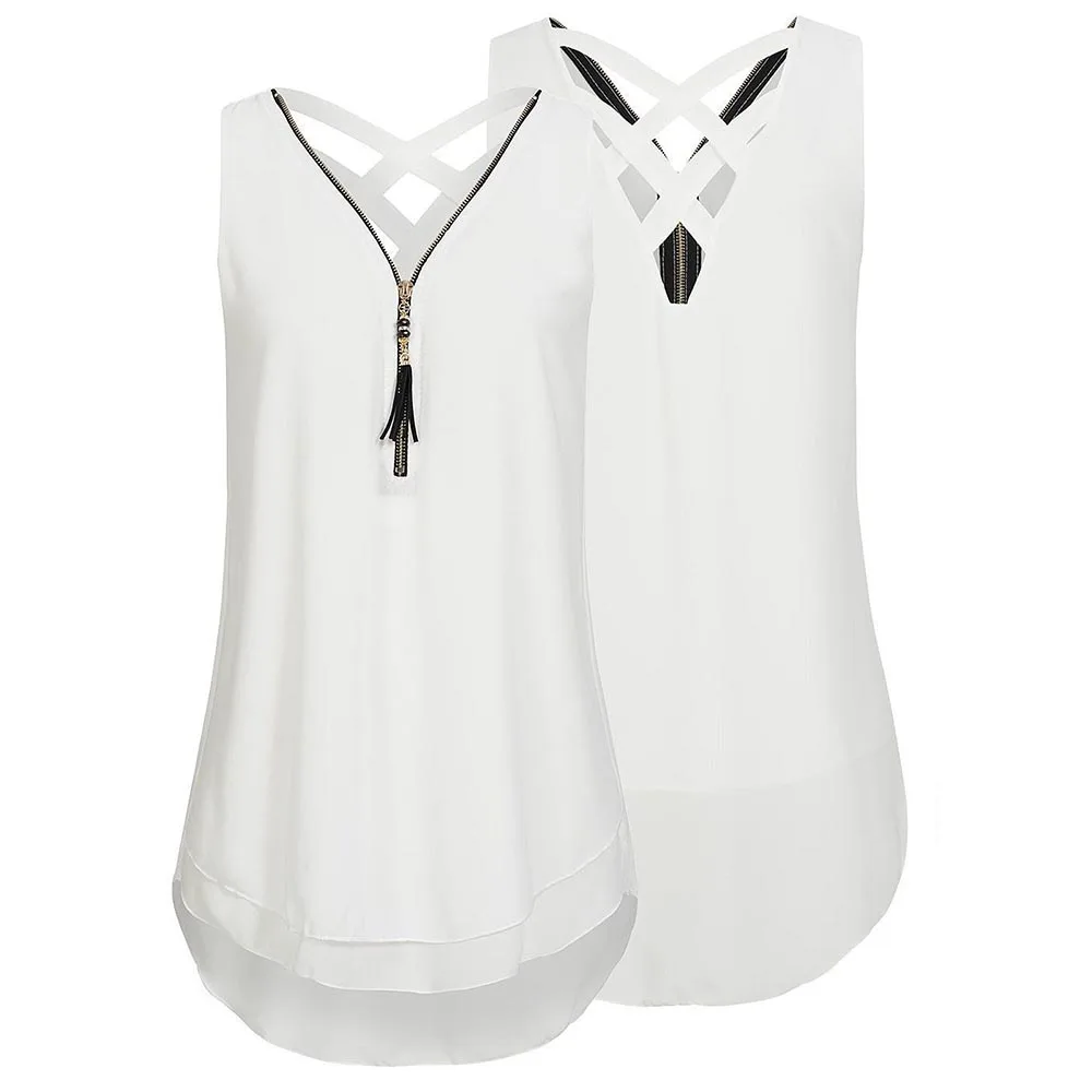 Loneyshow Zipper Cross Chiffon Shirt 2018 Sexy Women Summer Office Style Sleeveless Patchwork V-Neck |
