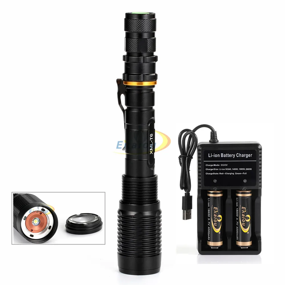 

LED torch flashlight XM-L T6 1000 LM 5 Mode Zoomable flashlight Clip lamp tactical flashlight +18650 Battery and USB Charger KIT