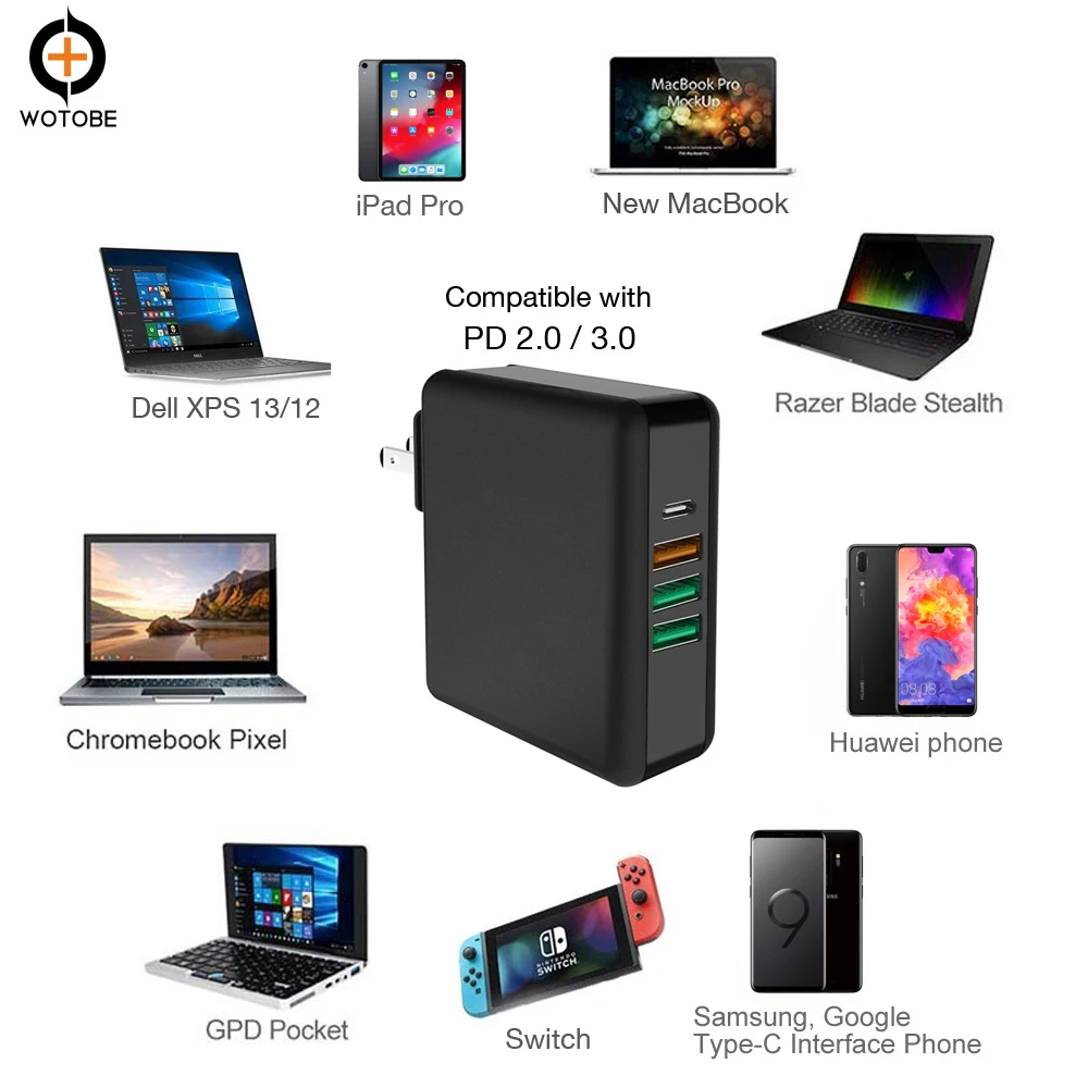 TYPE-C 61W USB C адаптер питания QC3.0 зарядное устройство/SPC/AFC для huawei/samsung, PD60W для xiaomi iPad/iPhone/MacBook(будет 2 м кабель
