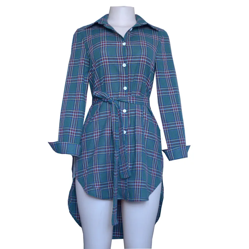 BAMBOOBOY Autumn Women Mid Length Casual Long Sleeve Plaid Turn Down Collar Feminine Irregular Blouses Shirts FC075