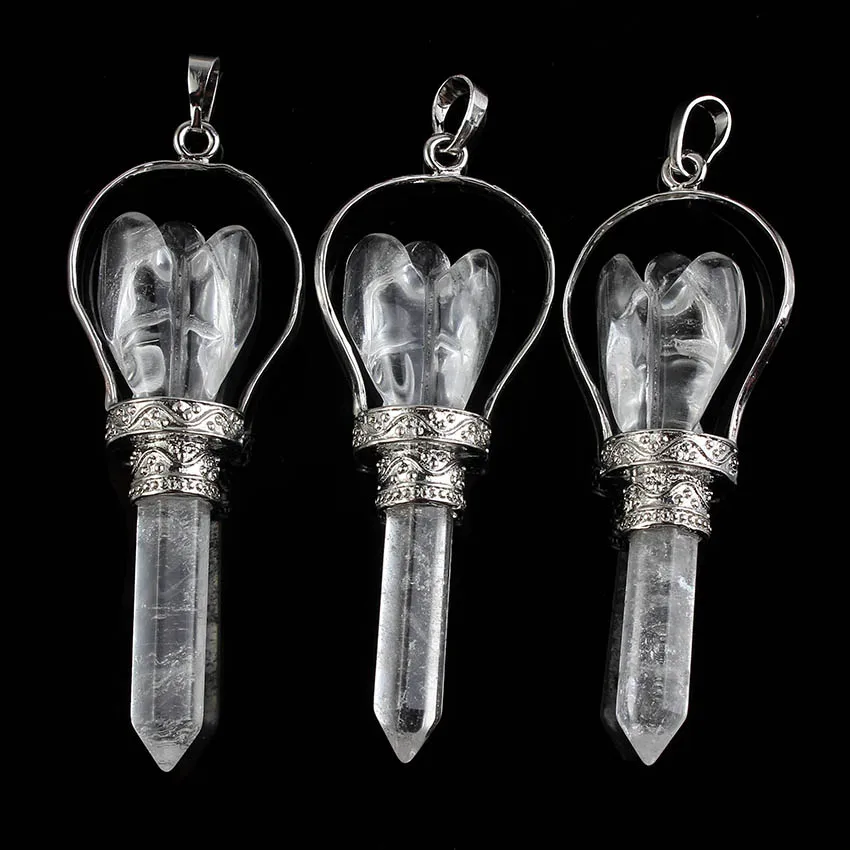 100-Unique Popular Gorgeous Silver Plated Rock Crystal Hexagon Column Antique Angle Scepter Pendant Fashion Jewelry