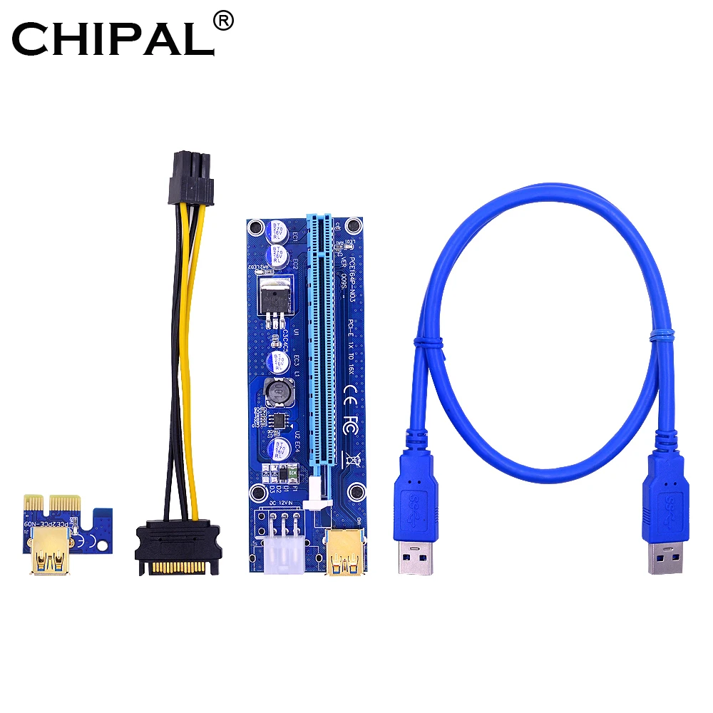 CHIPAL 2018 Golden VER009S PCI-E Riser Card PCIE PCI Express Molex 6Pin на SATA 1X 16X 60 см USB 3 0 удлинитель с