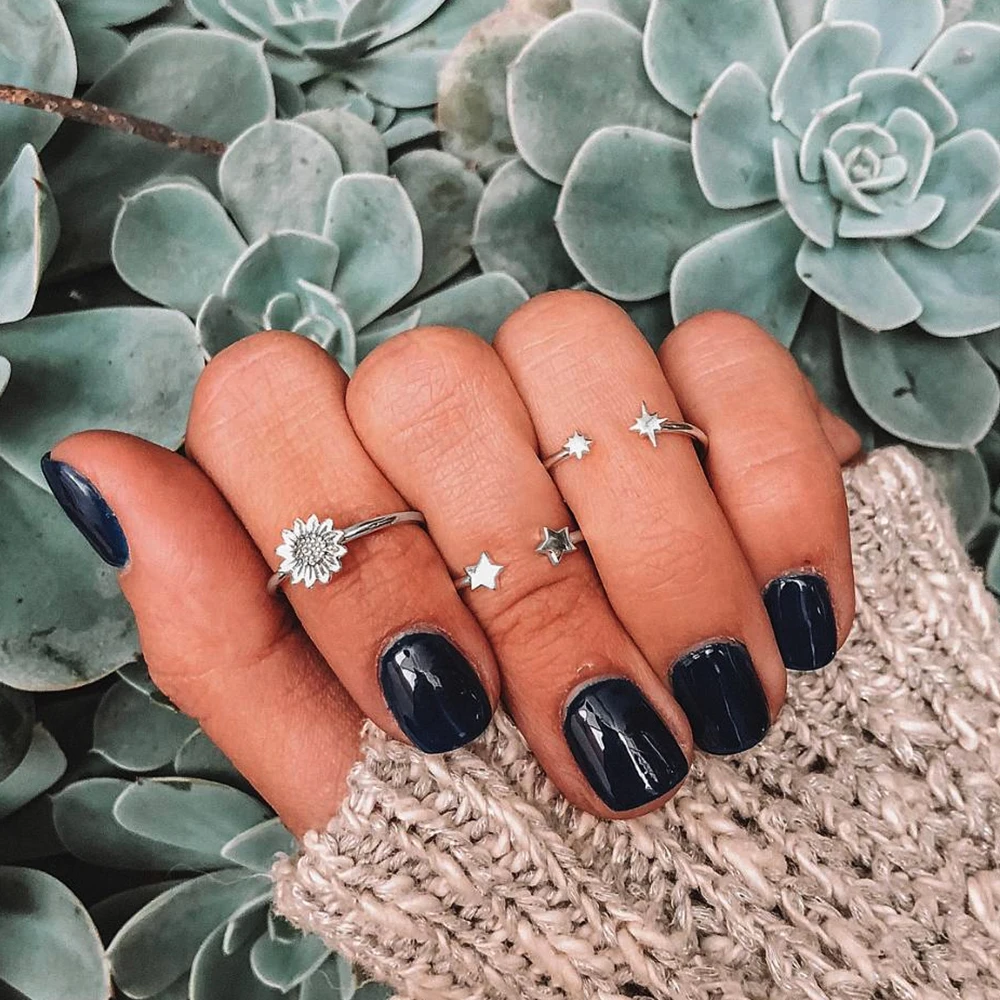 Набор из 3 простых женских колец "Подсолнух", "Звезда" и "Геометрия", открытые соединения, серебряный цвет. Модные украшения для девушек на вечеринки. Подарок.