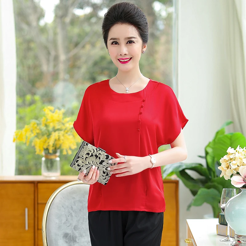 

Women Silk Blouse Tops Summer 2019 Lady Solid Color Silk Clothes Short Sleeve Soft Silk Blouses