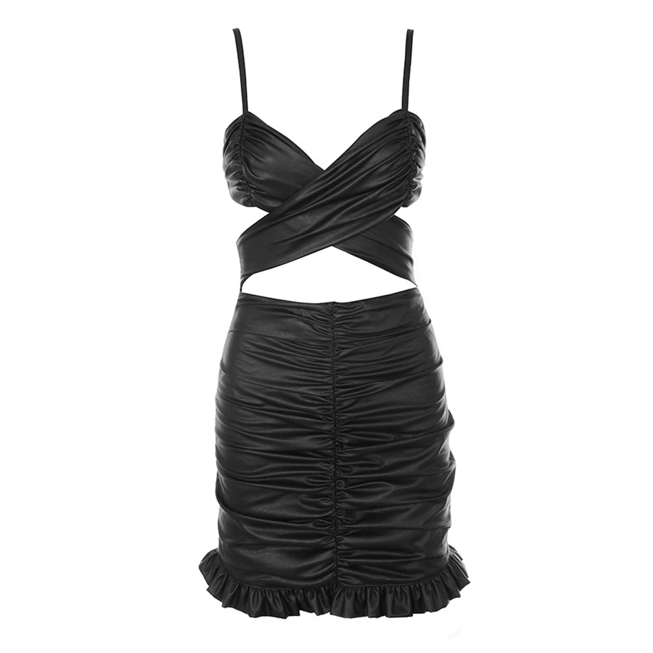 Liser 2019 New Spring Women Dress Strapless Hollow Out PU Sexy Bodycon Chic Evening Party Black Dresses Vestidos Wholesale | Женская