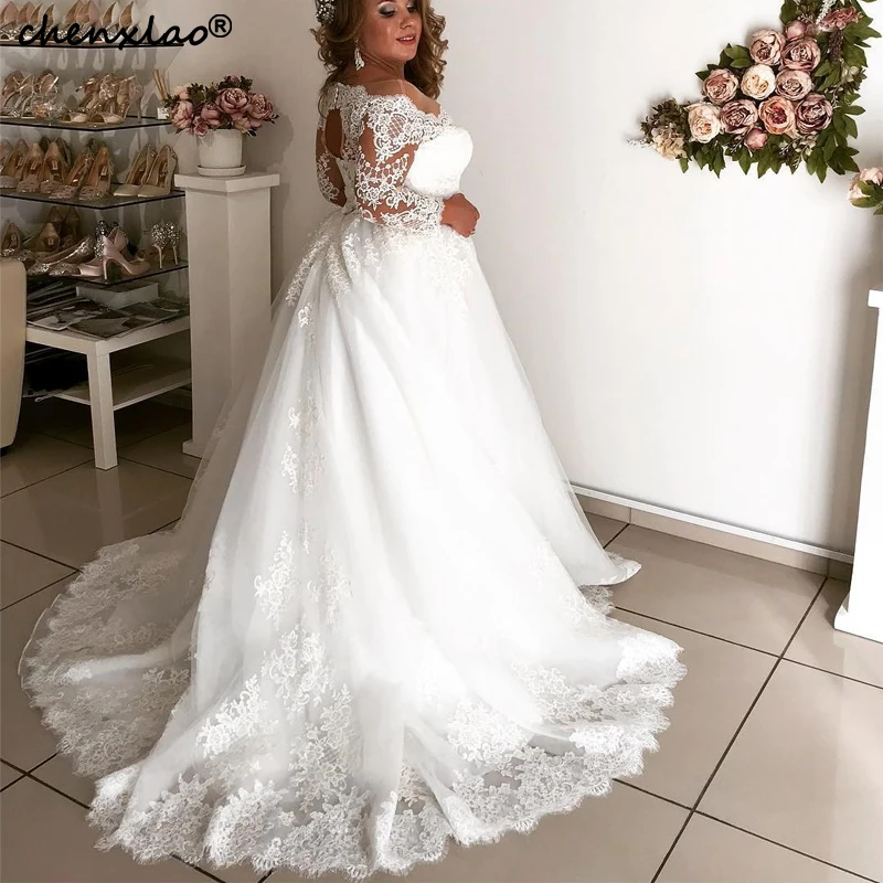 Vestido De Noiva свадебное платье бальное с открытыми плечами Длинные рукава Кружева