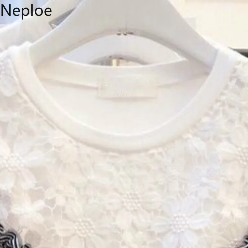 Neploe/кружевные лоскутные женские футболки с круглым вырезом и коротким рукавом
