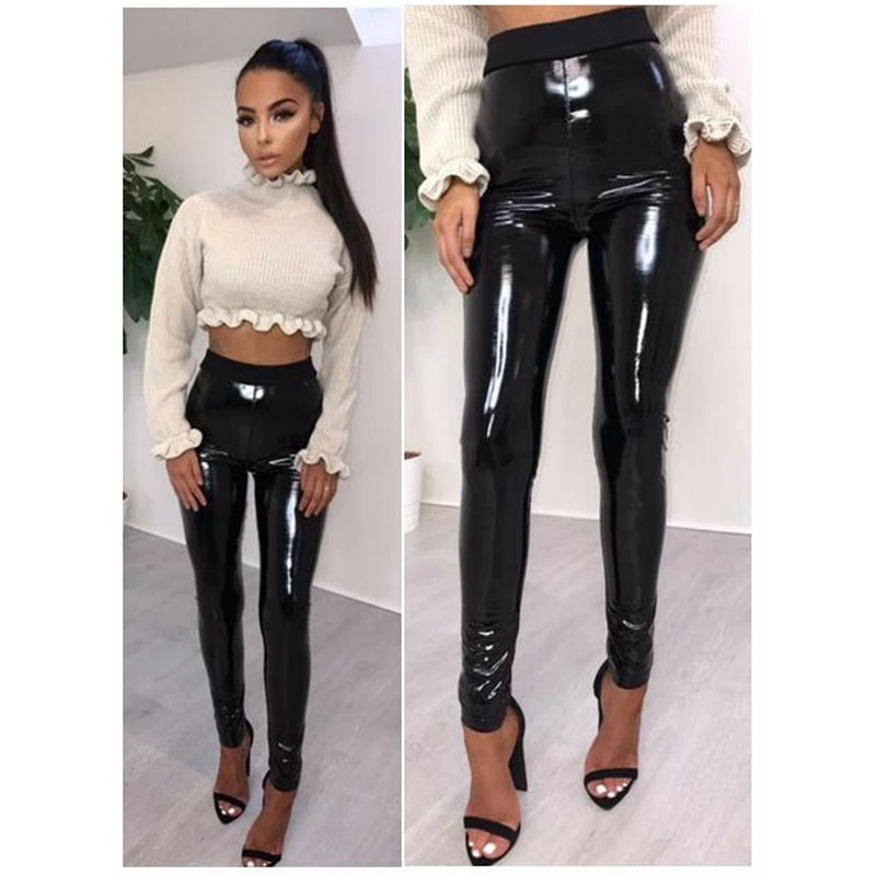 

Sexy Women's Black Pants Shiny High Waist Wet Look Skinny Disco Vinyl Pencil Leggings Trousers