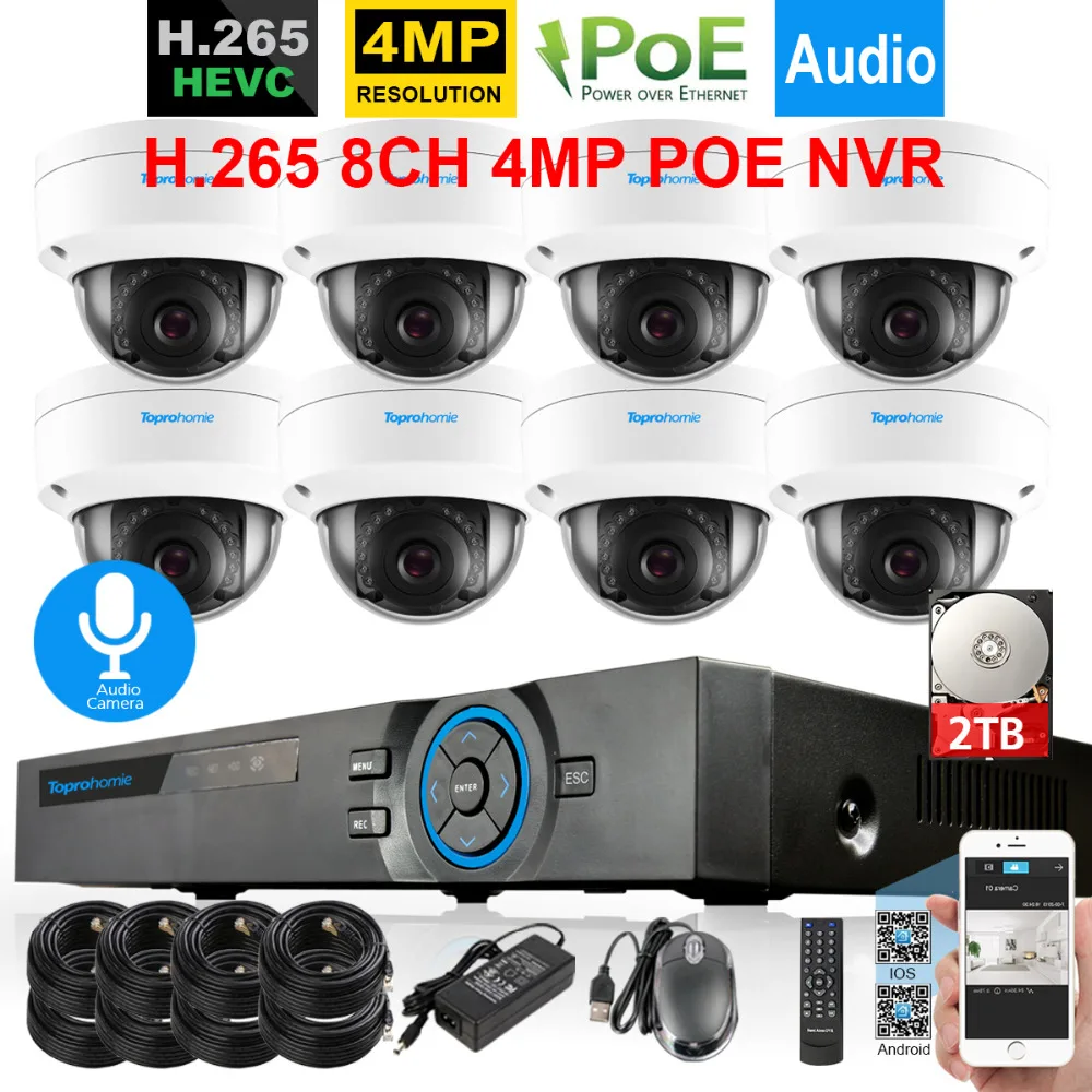 H.265 CCTV Системы 8CH 4MP POE NVR IP66 вандалоустойчивый купол безопасности Onvif IP Камера