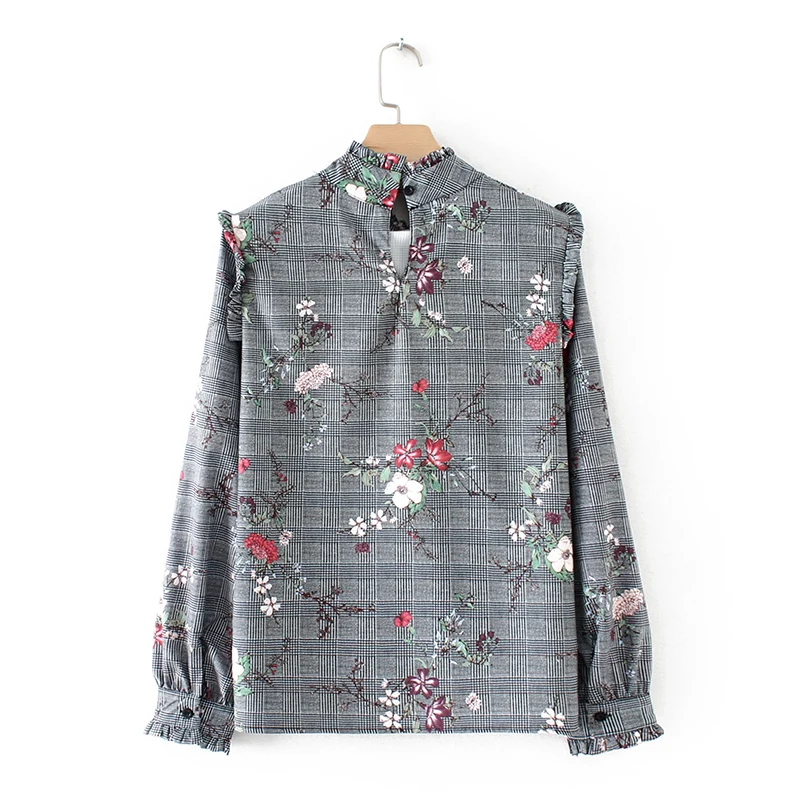 2018 Для женщин Винтаж плед Цветочный принт оборками Блузка Рубашки для мальчиков