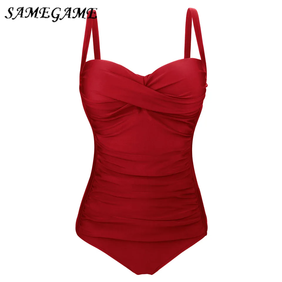 SAMEGAME 2019 Women Suit SummerSexy One Piece Swimsuit Beach Solid Monokini Swimwear Swim Wear Bathing Suits Red | Спорт и
