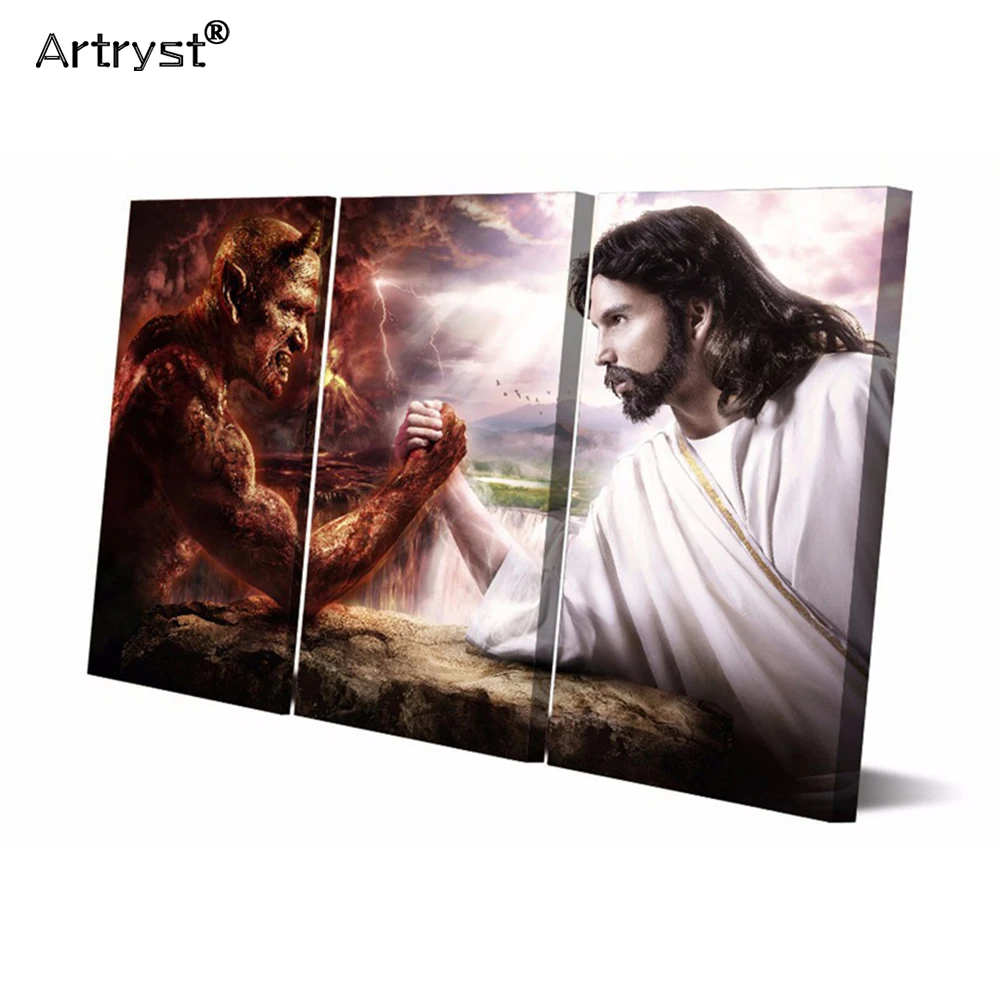 Artryst HD Printed Pictures Canvas Home Decor Room 3 Pieces Jesus Christ Arm Wrestling With Devil Painting Wall Art Posters | Дом и сад