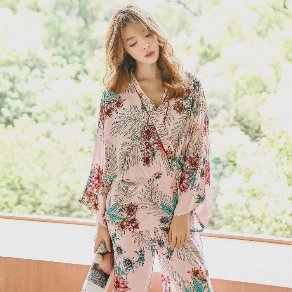 BZEL пижамы для женщин с длинным рукавом V ncek Pijama Feminino Топы + брюки одежда сна цветочное нижнее белье домашняя