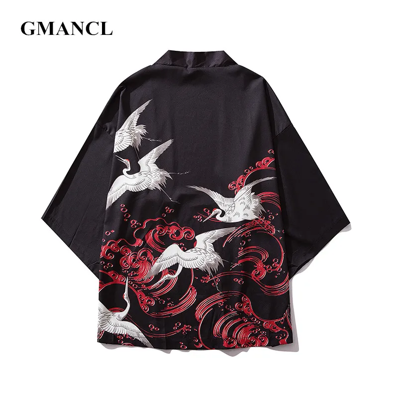 Кимоно мужское с рукавом до локтя и принтом журавлей повседневный Свободный