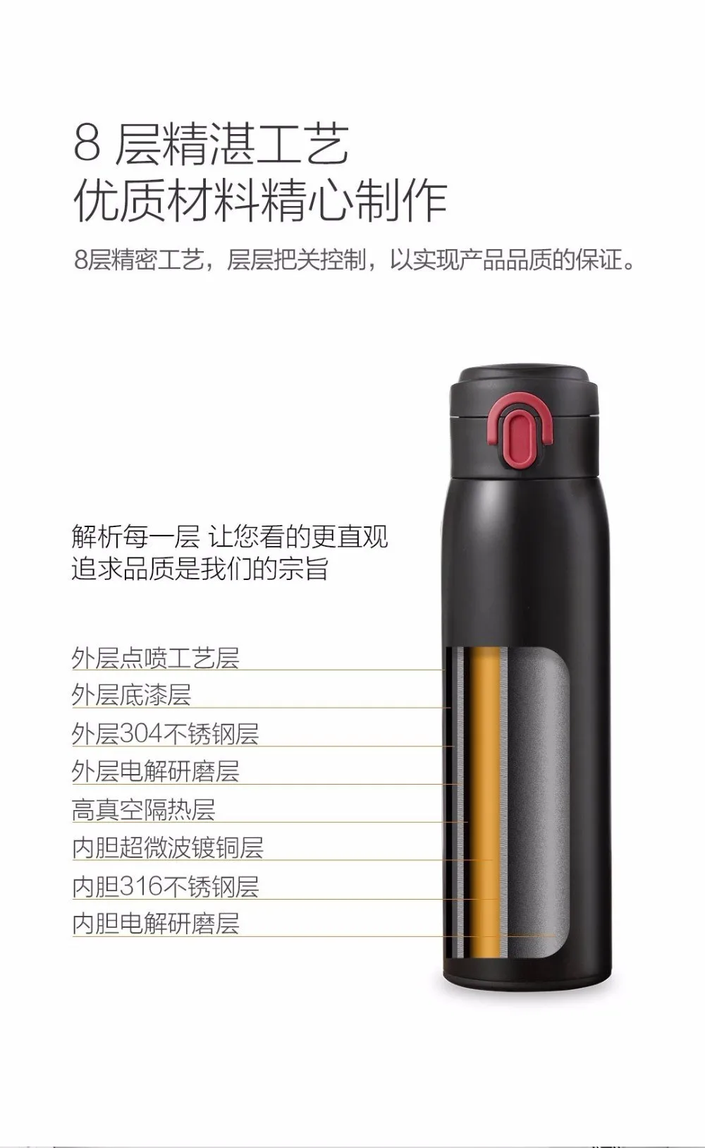 Xiaomi VIOMI нержавеющая сталь Вакуумная чашка 24 часа термос чашка 480 мл одной рукой на/закрыть парные чашки