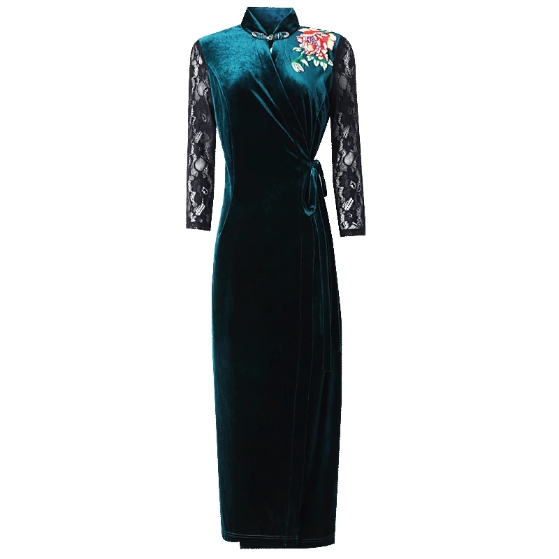Женское кружевное лоскутное платье Qipao зеленое бархатное с вышивкой и рукавом 3/4