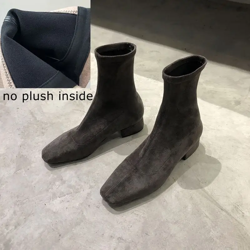 no plush gray YINKOGET/модные брендовые женские ботинки из флока на среднем каблуке удобные ботильоны для отдыха осенне-зимние ботинки с острым носком для девочек - Цвет: no plush gray