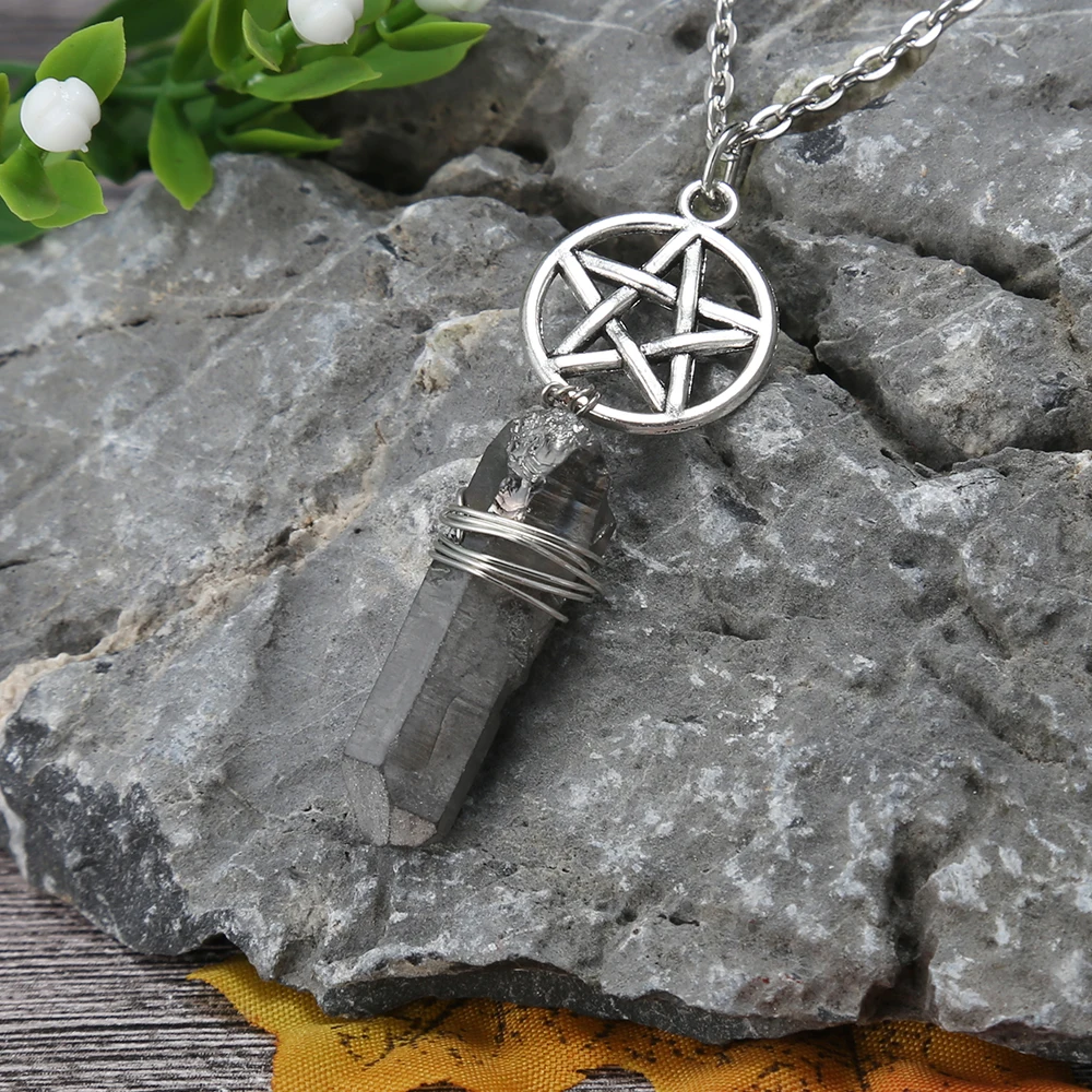 Аура серый кварц Wicca очарование кулон ожерелье грубые камни необработанные