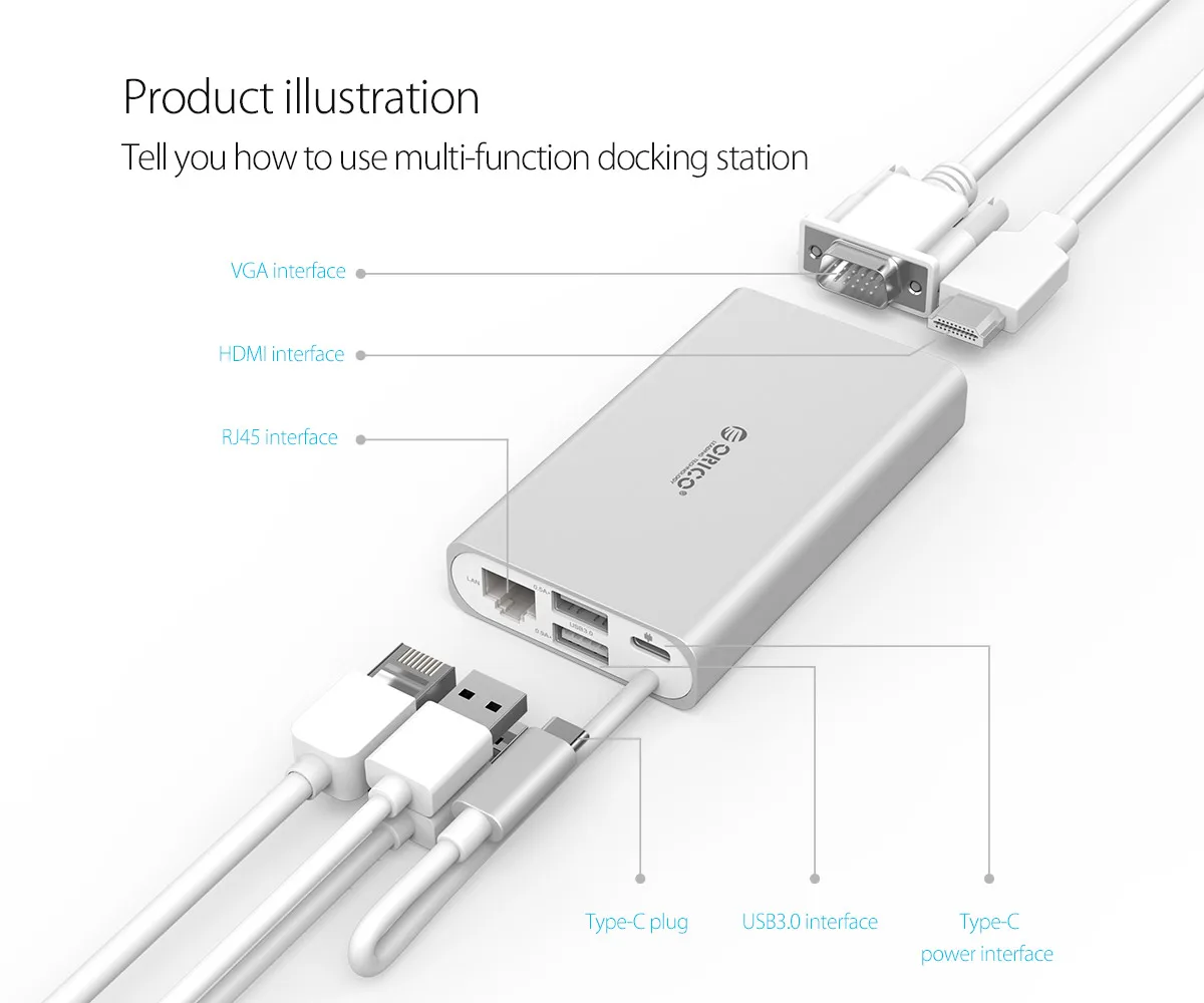 ORICO 5 в 1 алюминиевая док-станция Тип C Мощность доставки концентратор VGA/HDMI 4 к HD/RJ45 сетевой конвертер USB для MacBook Pro