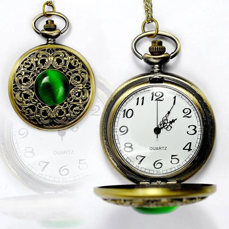 

Vintage Women Men Quartz Pocket Watch Chain Gothic Green Elf Eye Hollow Bronze Watch Pendant Necklace Gifts TT@88