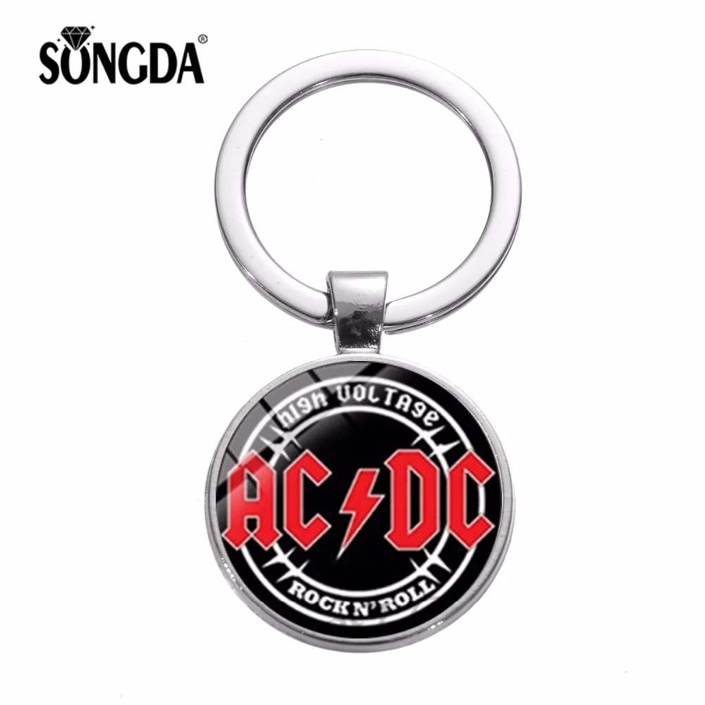 SONGDA Горячая музыкальная группа AC/DC металлический брелок поп-группа ACDC красный логотип художественное Изображение Стекло кристалл драгоценный камень брелоки цепи-сувениры подарки