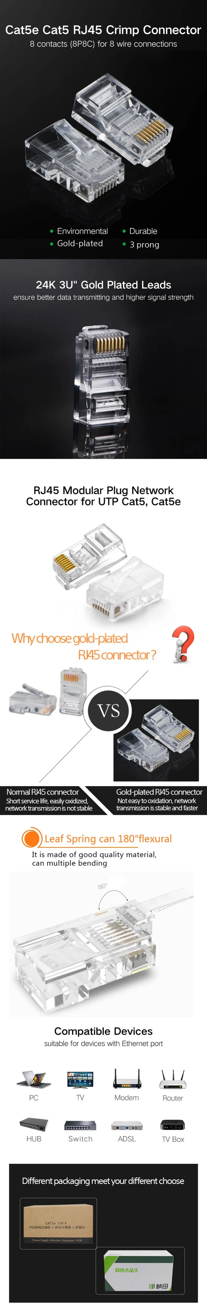 CAT6e Позолоченные Высокое качество 100 шт rj45 разъем