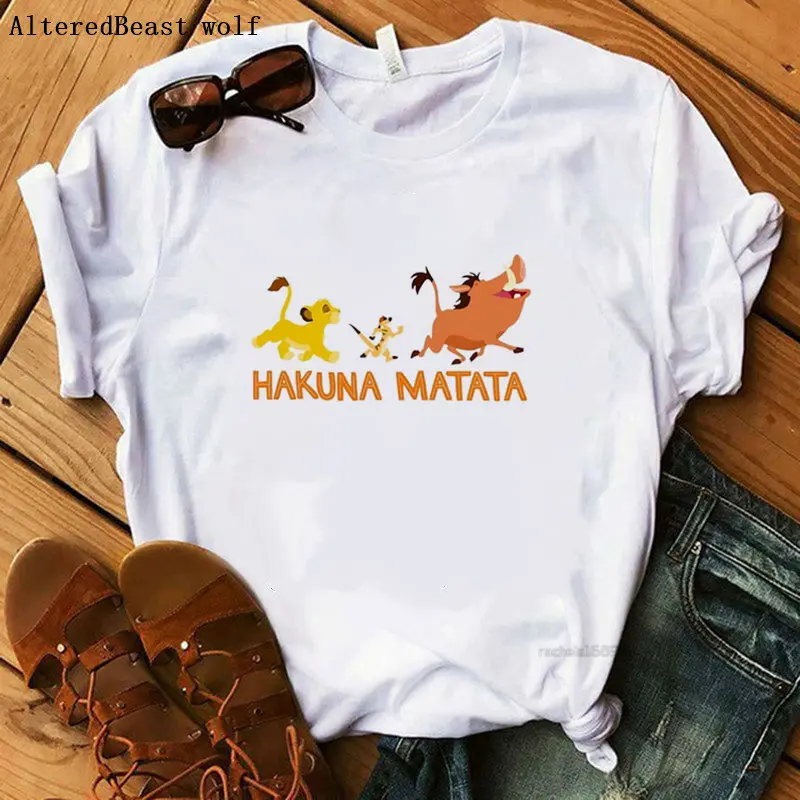Новинка лета, женская модная футболка, повседневные топы Hakuna Matata, Лев, король, Бабочка, мягкие футболки с круглым вырезом, мультяшный принт, короткий рукав