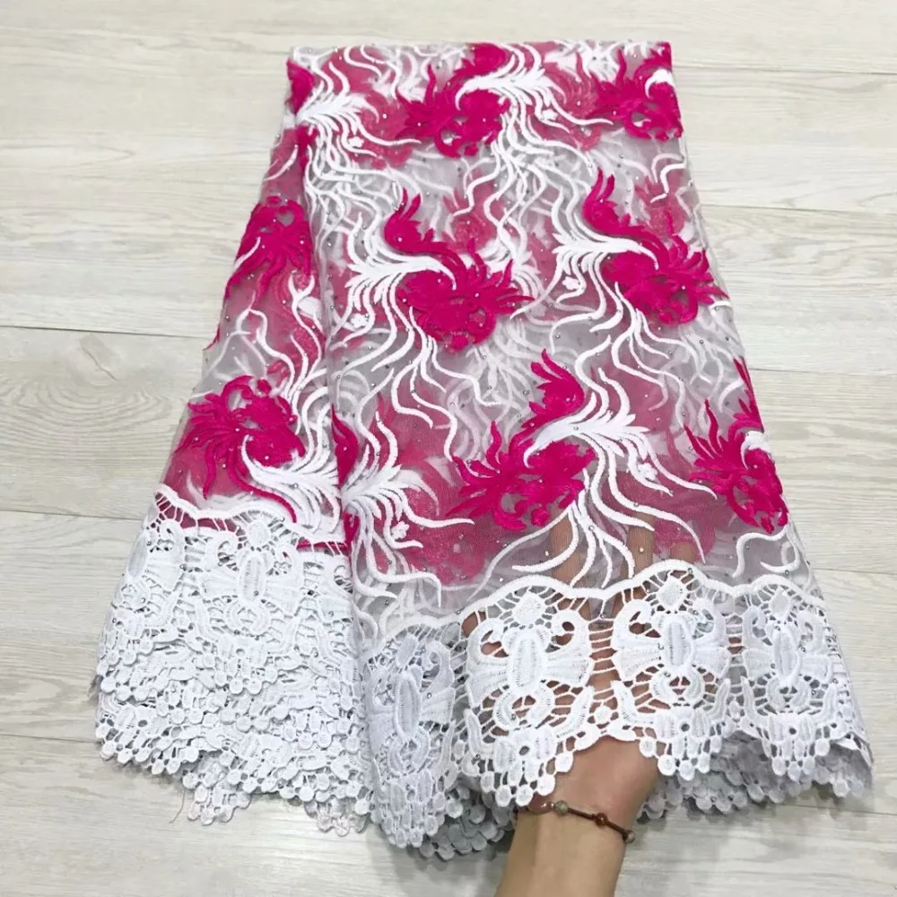 Белая/Розовая кружевная ткань из французского молочного шелка