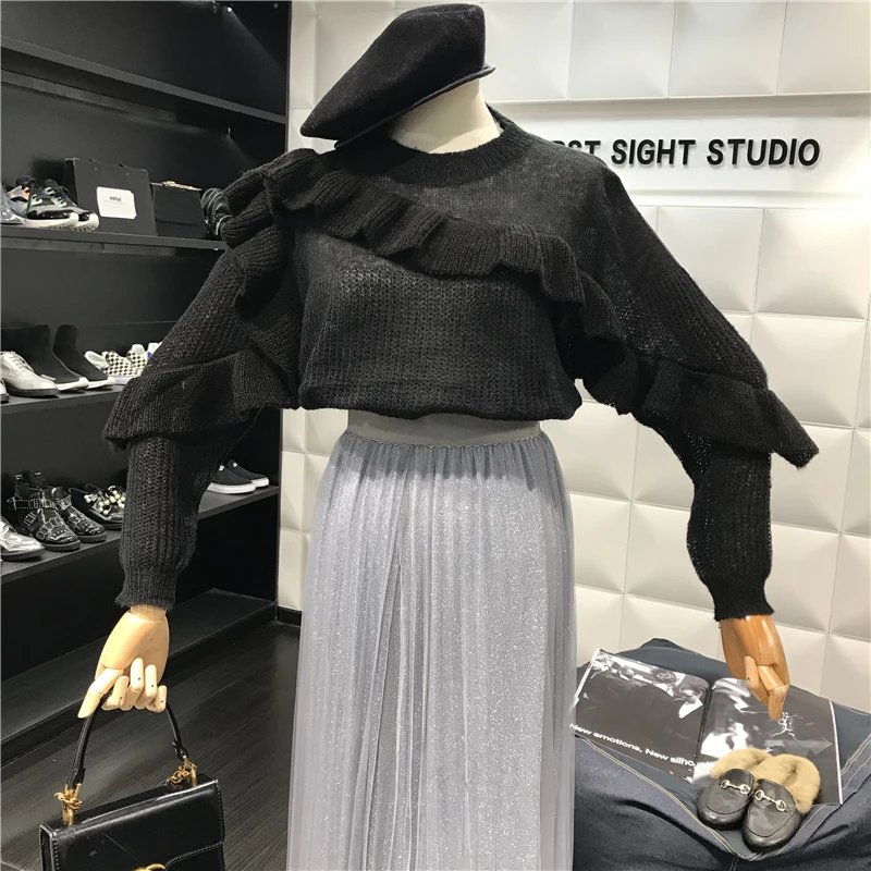 ALPHALMODA 2018 осень Милая отделка из оборок тонкий свитер с длинными рукавами