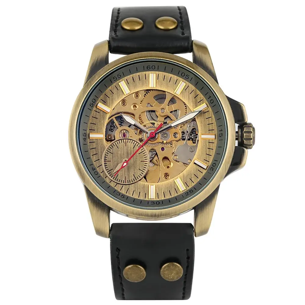 Мужские автоматические механические наручные часы с ремешком из натуральной