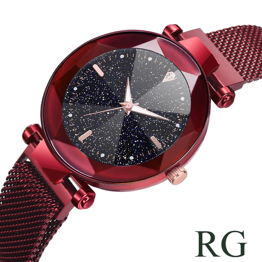 Роскошные часы для женщин Мода звездное небо Выпуклое стекло кварцевые сетки с