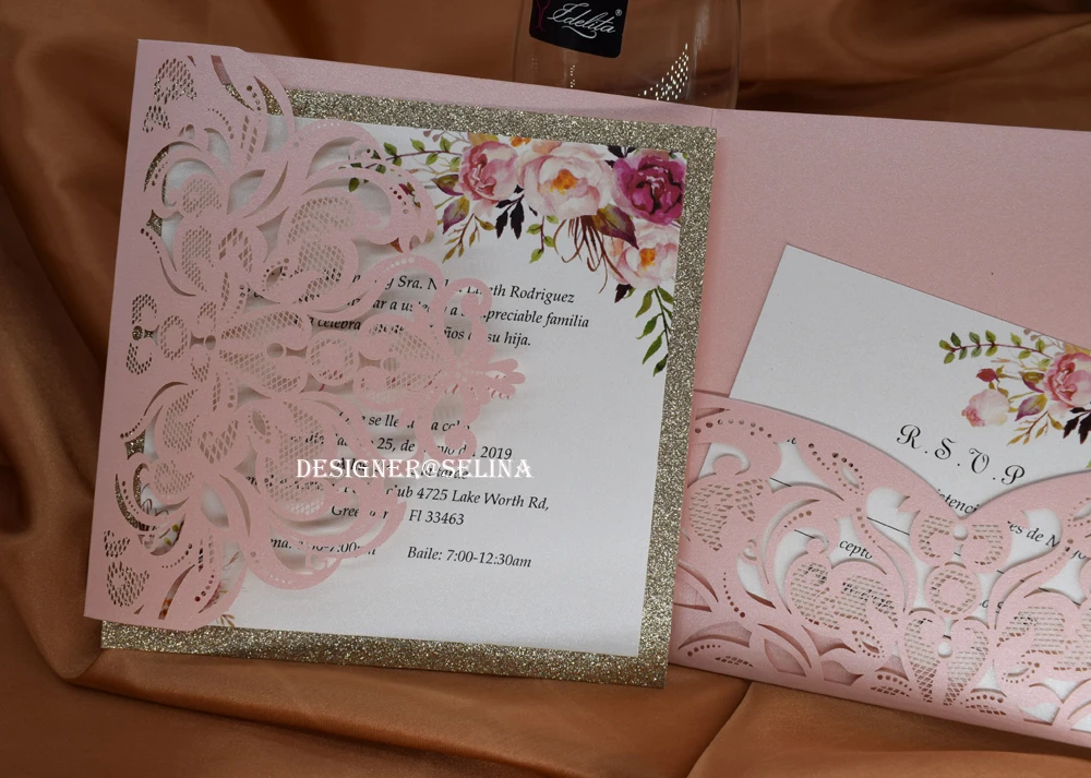 Румяна розового золота Блестящий Quinceanera приглашения с открытка RSVP лазерная резка