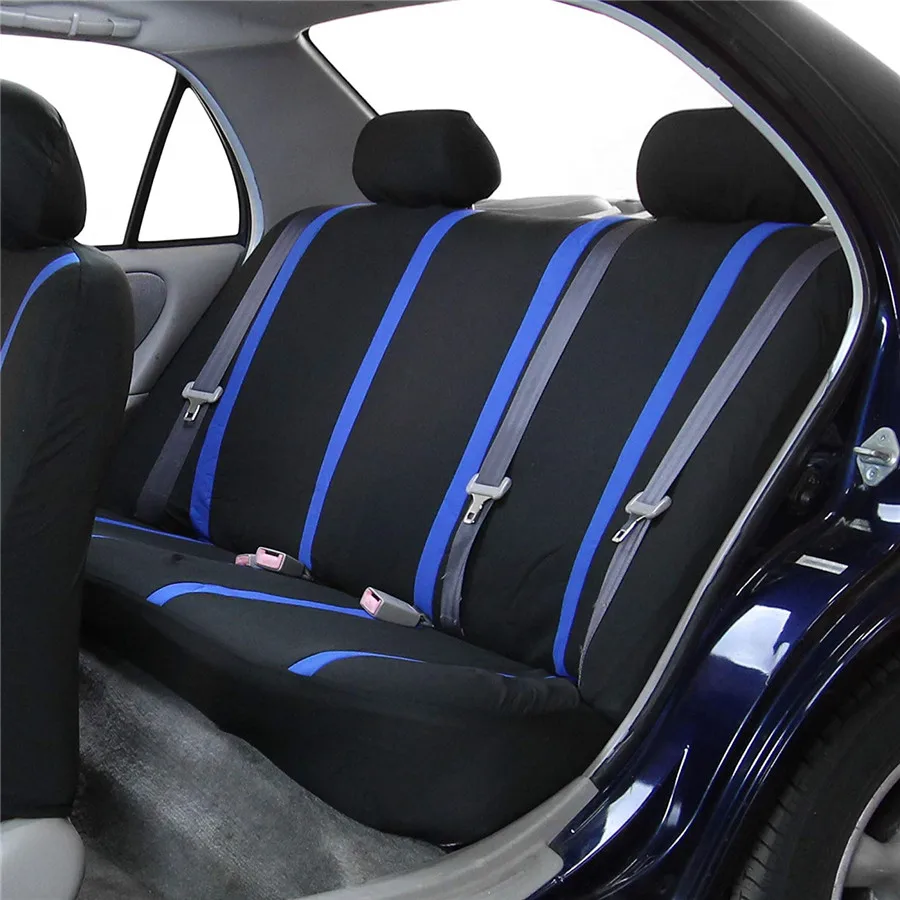 

Washable Fabric Full Set Car Seat Covers Black Blue Striped Seat Cushion Protector