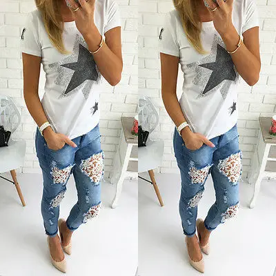 Explosion Models 2019 Summer New Fashion Lace Stitching Hole In The Waist Jeans Women's TrousersSIZE S-2XLStreetwearJeans Woman |