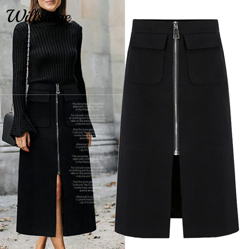 Willstage/большие размеры 5XL юбки женские на молнии спереди Сплит черные средней