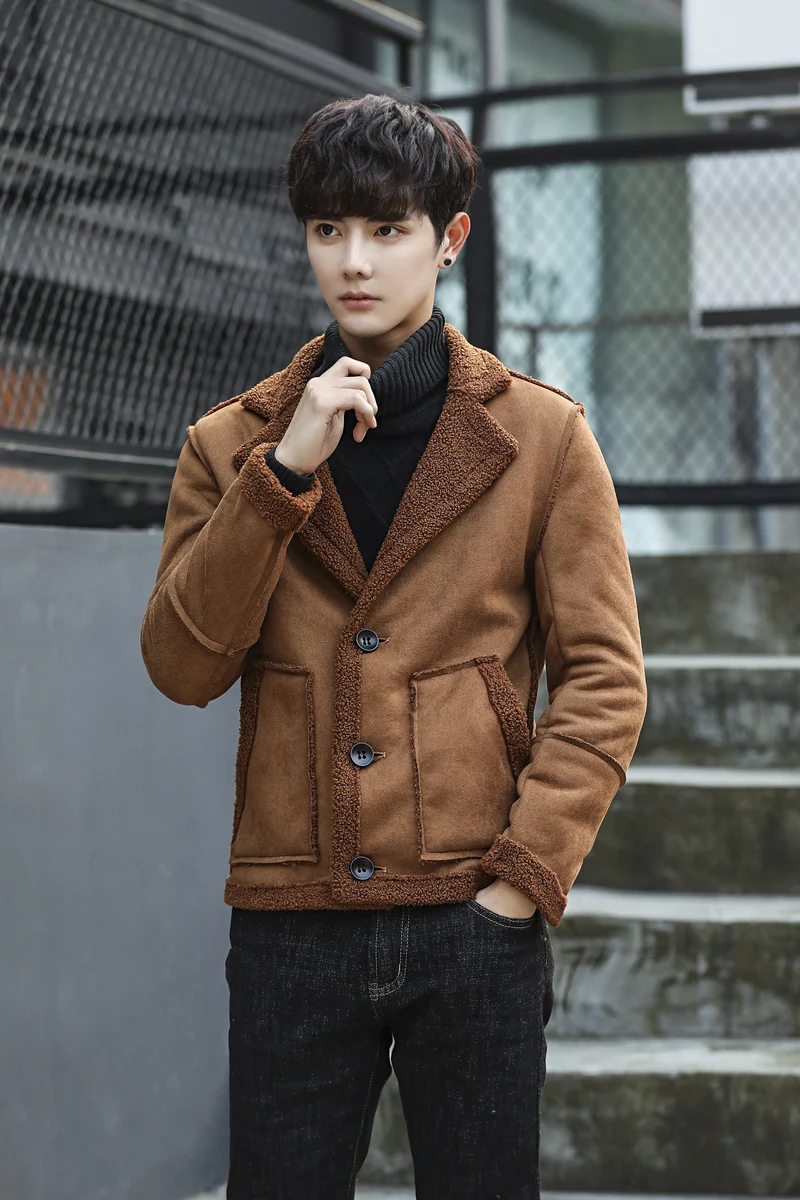 

Winter classic casual suede jacket men thick fleece warm jacket Mens short slim fit motorcycle jackets and coat Single breasted