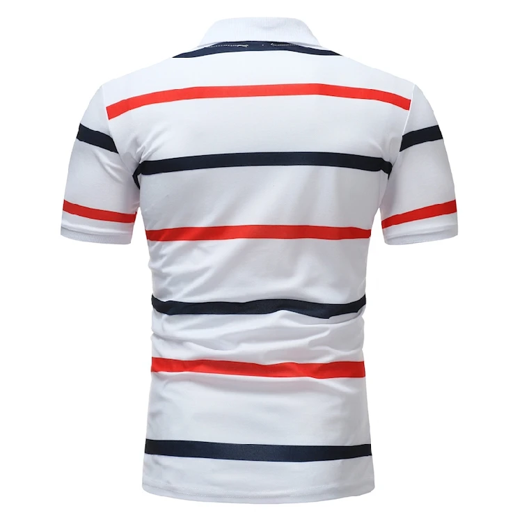 Mens Polo Shirt Male Short Sleeve Casual Slim Striped Polos shirts Summer Beach Cotton Holiday Printed Tees Tops White Blue | Мужская