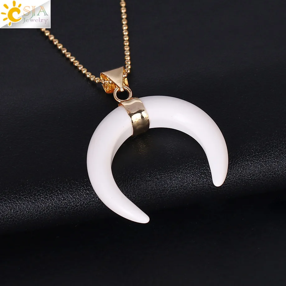 White Stone Necklace CSJA натуральные камни полумесяц лунные Ожерелья Подвески Фиолетовый Кристалл розовый кварц белый камень золото цвет рейки женские ювелирные изделия F306 - Окраска металла: White Stone Necklace